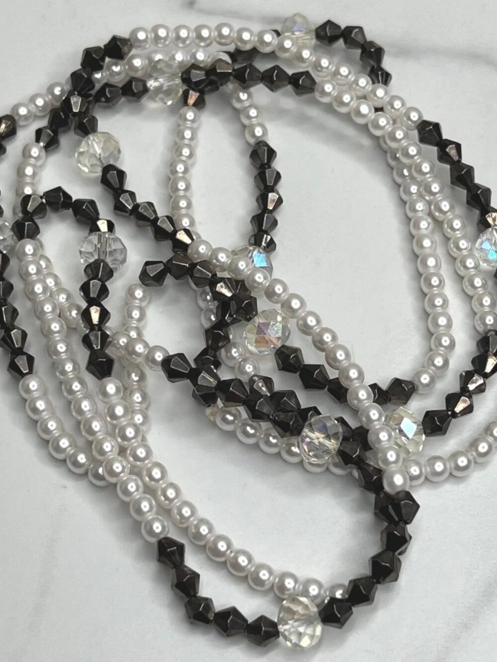 Extra Long Necklace Faux White Pearls, Dark Grey and Clear Faceted Beads tones